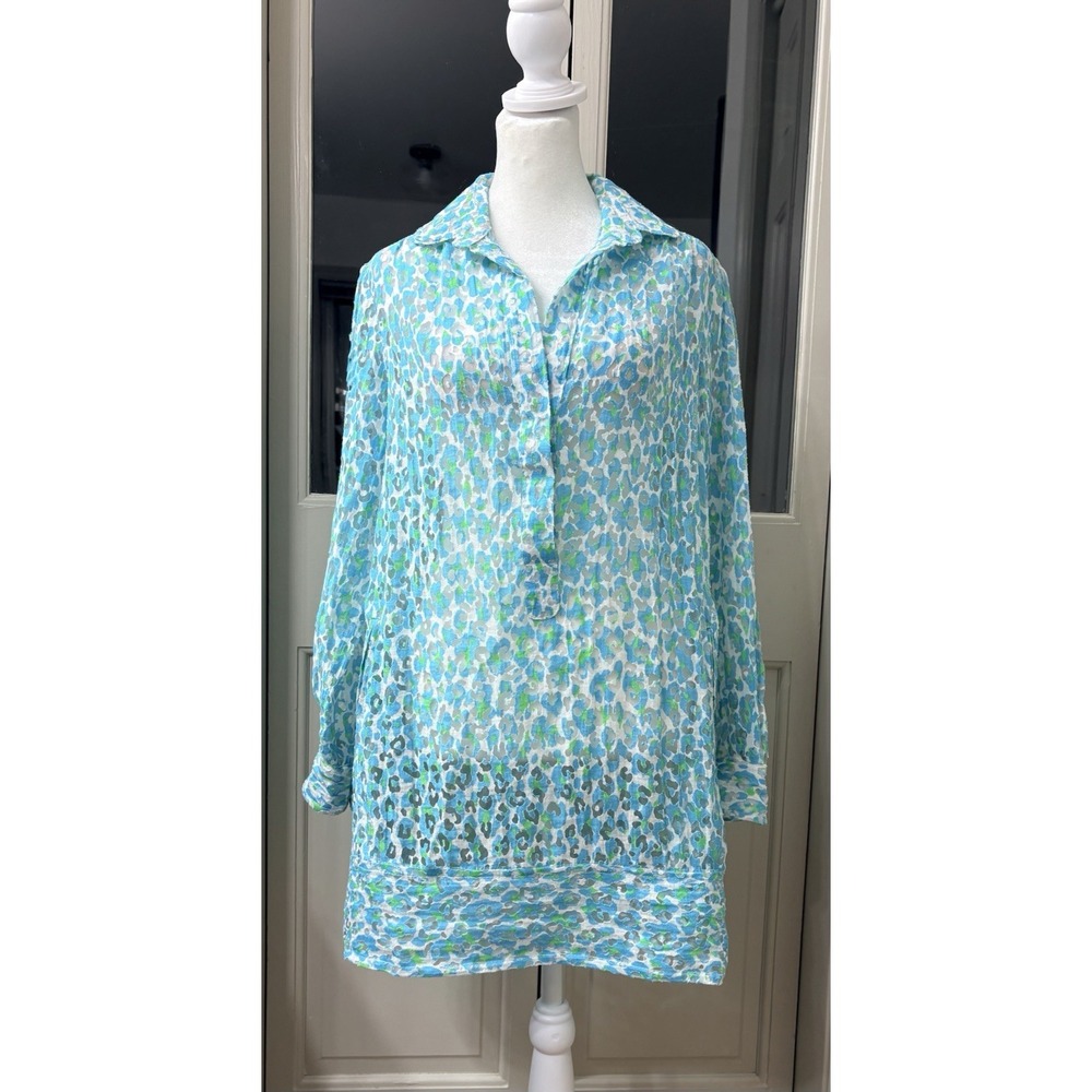 Grace Chuang Sheer Tunic Top Size Medium Pockets Animal Print